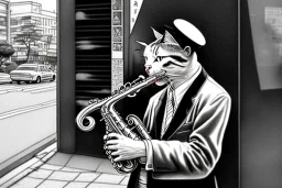 One mature cat playing saxophone on the street, Osaka, thoughtful, mourning, model style, hyper realistic, extremely accurate, delicate, extremely detailed, Graphic novel style, wide-angle, open aperture, superfine pencil