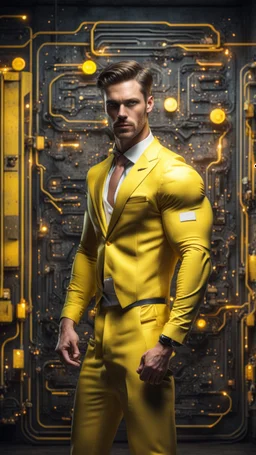 Hyper Realistic handsome muscular Electric-Superhero wearing fancy yellow tuxedo in a dark-rustic-circuit-room with electric-sparks & a massive circuit-board-wall