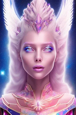 1 full body shot,masterpiece galactic pink metalic, cosmic princesse belle fine, profil de trois quart, grand front cosmique, peau blanc cristalline pailletée, yeux bleu, perle sur le front long cheveux blond et rose etoilé, cristaux sur le corps, collier de grande princesse, levres souriante, très jolie sourire, longs cheveux blonds,ailes roses transparents, costume galactique bleu metallisé,