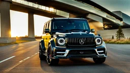 A (((G-Wagon mustang))) featuring a luxurious interior, advanced technologies, and a sleek body kit designed by MANSORY, front cinematic view on road in morning