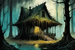 A ramshackle witches shack exuding a malevolent light, in a dark cypress swamp overhung with Spanish moss , in the comic book style of , Bill Sienkiewicz, , Alex Pardee , and Jean Giraud Moebius, muted natural color, sharp focus, ethereal , dark and foreboding