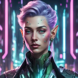 Generate a portrait of a non-binary CEO in a cyberpunk megacorp. They resemble an elf with cybernetic enhancements, radiating power and beauty. Blend ethereal features with futuristic tech to convey their status and grace in this high-tech society.