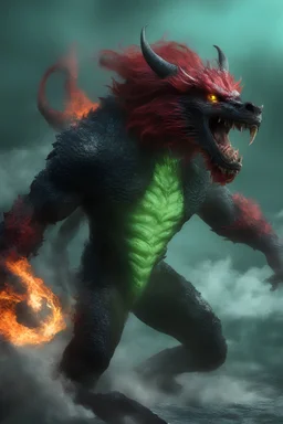 full body, head to toe, 3D, the anthropomorphic black Chinese Indian werewolf Dragon with Long wavy, curly (((red hair))) and bright, (((sea-green eyes))), breathing fire, resembles Elvis Presley - full color - 32k, UHD, 1080p, 8 x 10, glossy professional quality digital photograph - dark foggy gradated background, historic, powerful, octane rendering, exquisite detail, 30 - megapixel, 4k, 85 - mm - lens, sharp - focus, intricately - ((skin details, high detailed skin texture