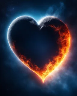 Moon in shape of realisitic heart, biological heart, cinematic, {abstract}, depression, space background, atmospheric, fire, DLSR, soft focus, dispersion