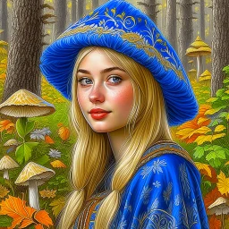 Blue eyed blonde women in traditional dress, nature background, painted, digital painting, water color, 24k, high resolution, highly detailed, cozy, forest with leafs, mushrooms and flowers, smooth, art by JOHN STEPHENS