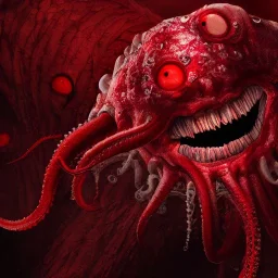 red, tentacles, a lot of eyes, teeth, monster, horror, blood, huge, scary, hyperrealism, gore, masterpiece, expert, volumetric lighting, deformed, sharp focus, 8K