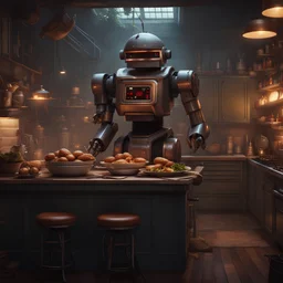 Robot chef 80s American style, a masterpiece, 8k resolution, dark fantasy concept art, Dead Island 2 style, dynamic lighting, hyperdetailed, intricately detailed, Splash screen art, trending on Artstation, deep color, Unreal Engine, volumetric lighting, Alphonse Mucha, Jordan Grimmer, 8k resolution concept art by Greg Rutkowski dynamic lighting hyperdetailed intricately detailed Splash art trending on Artstation triadic colors Unreal Engine 5 volumetric lighting Alphonse Much
