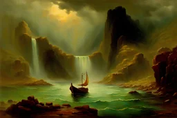 Epic Mountains, waterfall, stormy clouds, fantasy, boat, rocky land, otto pippel impressionism painting
