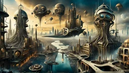 a stunningly weird image of a futuristic metropolis using Salvador Dali's paranoiac-critical method, where buildings and structures appear to melt into the skyline cityscape is filled with floating medusas and mad, twisted metal shapes that interact with the buildings and each other, forming a surreal tableau of a dreamlike reality. neu-steampunk vibe, essence of the scene in a cinematic manner, with dramatic shadows that enhance the distorted perspectives and bizarre mood
