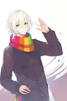 Anime style, Make the art more realistic in the anime version, man, Green eyes, Wearing a colorful scarf around your neck.