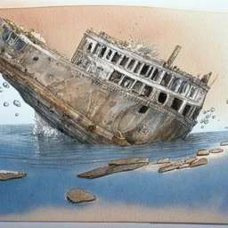 Artmarker, copic marker drawing of a sunken ship.