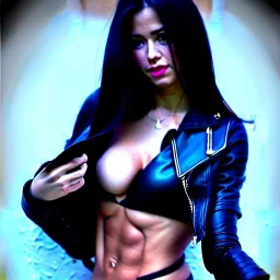 Beautiful woman, big bust, 6-pack abs, long hair, long nails, evil, black leather outfit