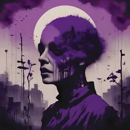 A minimal and sinister design with a color scheme of foreboding violets; using halftone and mixed media and pictorial map; inspired by surreal figurative and blackout poetry and naïve art; the focus is ghoul in tv; mood is mysterious and chilling.