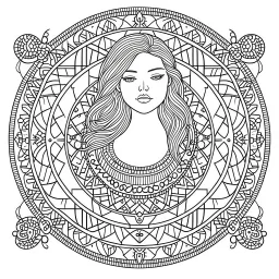 "Create a unique girl MANDALA. This mandala coloring sheet features strange and imaginative SHAPES, ensuring a realistic yet fantastical journey. Draw clean lines in a 3:4 aspect ratio on a white background, embracing minimalistic black lines and low-level black colors. Craft a coloring page with perfect, clear lines, avoiding repeated images, sketching, and thick black colors.