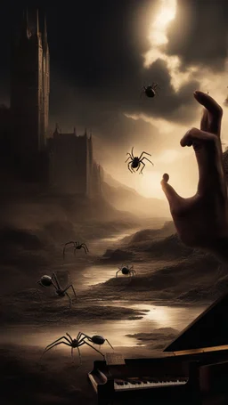 Ugly , Evil hands on an old piano keyboard with spiders