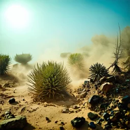 A striking quality Kodak photograph captures a wasteland with liquid and group of monstruous plants, creepy, details of the dust very accentuated, glossy organic mass, adorned with minerals and rocks. Bathed in intense light, eerie, Max Ernst style, blue sun, fog, paranoic, obsessive