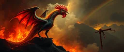 Neubraxas fire and darkness volcano Haiti dragon with rooster head and serpent legs as a vision of the beginning of awakening within a dream of paint color and time and a whip covered in blood