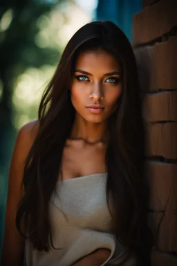 pretty18 year old girl with olive skin and long chocolate brown side swept hair. Blue eyes. bare shoulders,