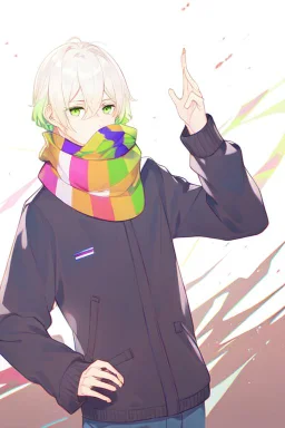 Anime style, Make the art more realistic in the anime version, man, Green eyes, Wearing a colorful scarf around your neck.