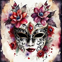 watercolor draw gothic vintage masquerade mask, with colorful flowers, white lace and rubies, attractive background, facing front