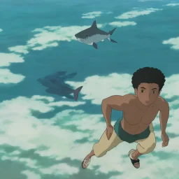 Black boy swimming with a shark