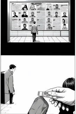 uncolored comic book page: top panel(man on his way out the door walks past a display of televisions on which a bulletin of wanted criminals mugshots appears, higher over the shoulder camera perspective), bottom panel(pov a woman's hand holding a pregnancy test that shows a positive result, tile floor below), panels divided at a 30 degree angle