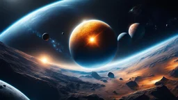 A mesmerizing close-up of a planet surrounded by a stunning array of other planets, all captivatingly captured by Jessica Rossier. This trending, microscopic space art photo showcases floating planets and moons against a dark background, highlighting the ethereal beauty of space.