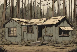 Lodge, administrative cabin, overgrown, post-apocalyptic, comic book, camp site signs