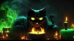 An ethereal Black Halloween cat with bright green eyes sitting on a Jack-O-Lantern, various sized candles are lit around them, a witches cauldron is brewing over a fire in the background, 4k, smoke effects, lighting effects.
