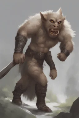 Dnd a young bugbear with WHITE fur and leather armor