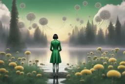 Photo of a skinny woman with a black bob hairstyle, in a green and silver android suit, looking at flying dandelion heads with octopus tentacles looking out over a lake, in an alien forest, with tall narrow cloud trees