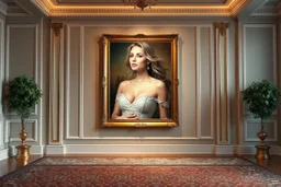 a very beautiful lady upper body photo in pretty frame hanging a wall in a luxury galery stage with carpets in floor