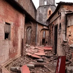 uma cidade medieval com ruas em ruínas com várias casas destruidas e deteriorados pelo tempo, o lugar possui uma coloração avermelhada por conta do inferno