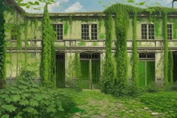 A green warehouse with overgrown vines designed in ancient Greek pottery painted by Claude Monet