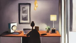 intimate and reflective atmosphere, open space +, bookcase, lamps, signature paintings, a woman in the dim light looking out the window, scattered sheets on the table, desk with audio editing equipment