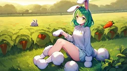 Girl, green hair,rabbit paws in hand, farm, sit, rabbit paws in feet, blushed, eat a carrot