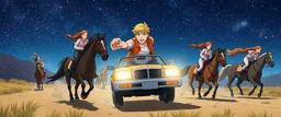 portrait of bobby stealing cars on a different star, chased by women on horses, anime style, where is the car?