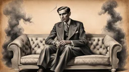 Hyper Realistic Amazingly-Detailed Sketch Of Quaid-E-Azam Sitting On A Fancy Couch * Smoking-Cigar-with-smoke & Detailed Shading On A Vintage Paper.