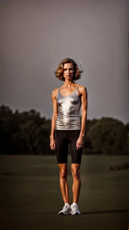 photography of a beautiful anorexic woman, silver satin top, sports illustrated, short wavy bob haircut, pronounced sternum