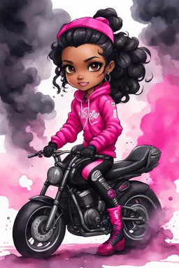 Create a watercolor illustration of a chibi cartoon full figure black female riding a sports motorcycle. She is wearing hot pink hoodie and black tights with biker boots. Prominent make up with log lashes and hazel eyes. Extremely highly detailed black shiny wavy hair up in a messy bun. Background of smoke surrounding her and the bike and she's at a bike show.