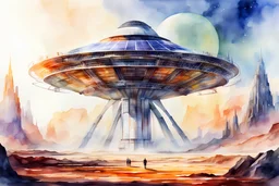 masterpiece, 4k quality, watercolor illustration, extraterrestrial made mega structures, Space-based solar power