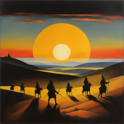 [abstract art inspired by Hieronymus Bosch and František Kupka]As the sun dipped below the horizon, casting its golden light across the land, a compact group of primal warriors stood silhouetted on the crest of a hill. Their figures were stark against the fiery sky, outlined by the fading glow of the setting sun. the group of primal warriors on the hilltop appeared to be guardians of a forgotten realm, keepers of ancient knowledge and wisdom.