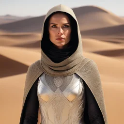 She stands amidst the unforgiving desert, a young Bene Gesserit adorned in a stillsuit, a garment as essential as the air she breathes in this harsh environment. The fabric clings to her figure, its intricate design serving a dual purpose—protection and survival. The tight-fitting hood frames her face, shielding it from the relentless sun, while her eyes, sharp and perceptive, scan the horizon for any signs of danger. As she walks, each step kicks up a small cloud of sand, leaving footprints tha