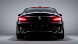 Rear view of a black Mercedes-Benz CLS with lights on