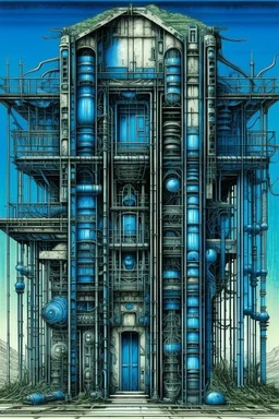 A house build out of colorful pipes of several sizes , full body , front view . decayed and rotting with grotesque proportions and imagery.biomechanical design, by hr giger and beksinski , on blue color