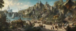 Salvador Dali & Hieronymus Bosch An outdoor surrealist market in a beautiful surreal outdoor countryside summer scene with hills, intricate dwellings, weird creatures, many pathways & stairways, waterfalls, & a waterwheel : very high detail, photorealistic, epic cinematic, 8K, Large depth of field