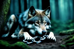 sad wolf with a chain around its neck laying down, photorealistic, dark fantasy, forest