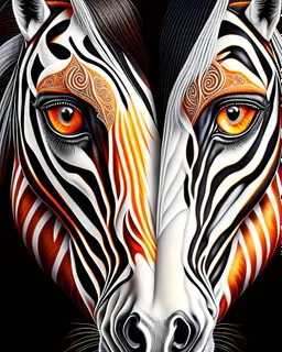 Horse symmetrical design symmetrical eyes symmetrical ear symmetrical frontal view ink art colours orange cream white and black hyper-detailed realistic 8k