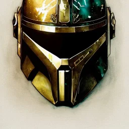 photorealistic the mandalorian helmet, illustration by <agnes cecile> <Yoji Shinkawa>, natural tones, ornate and intricate detail , soft smooth lighting, ruby and gold color