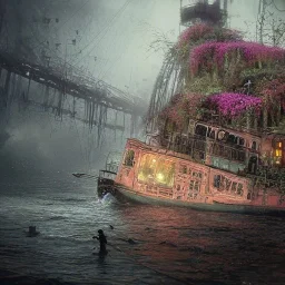 Insanely detailed photograph of an “artexture plans tug boat ” with intricate detailed of natural lighting, intricate embroidered band of ceiling candles, hyperdetailed painting by Ismail Inceoglu Huang Guangjian and Dan Witz CGSociety ZBrush Central fantasy art album cover art,8K, hdr, romantic, mysterious, ominous, flowers, jewelry, steam,oil,cafe,street vendor,steamship,D&D